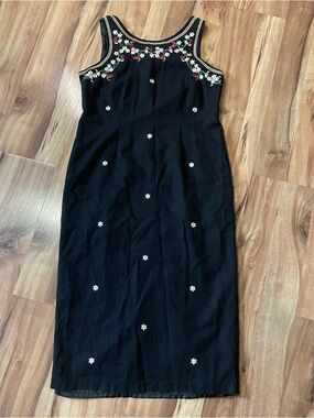 VTG 90s Ultra Dress New York Black Linen Blend Embroidered Floral Dress 10P